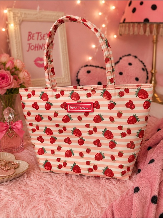 Betsey Johnson Handbags - Betsey Johnson Strawberry Insulated Lunch Tote | Pink Stripe Lunch Bag | NWT 🍓